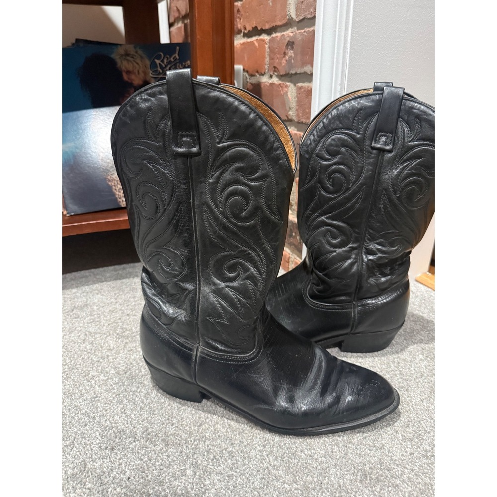 Mens Black Leather Western Cowboy Boots Pointed Toe Stitched Shaft Size 12